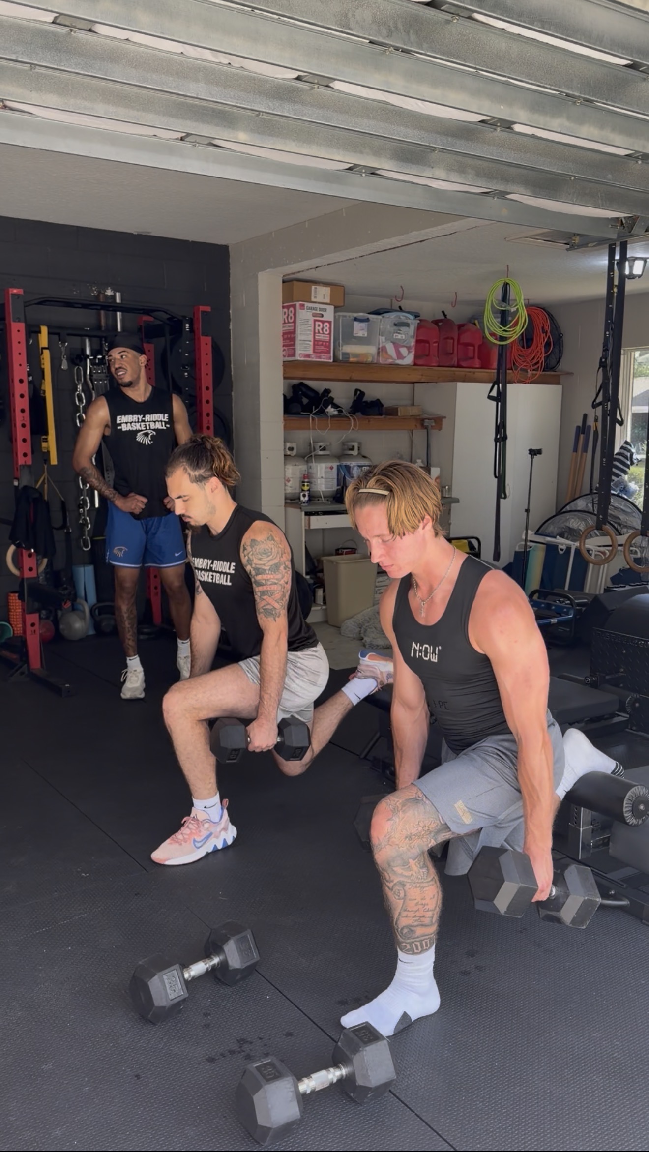 A group of college basketball athletes strength training together